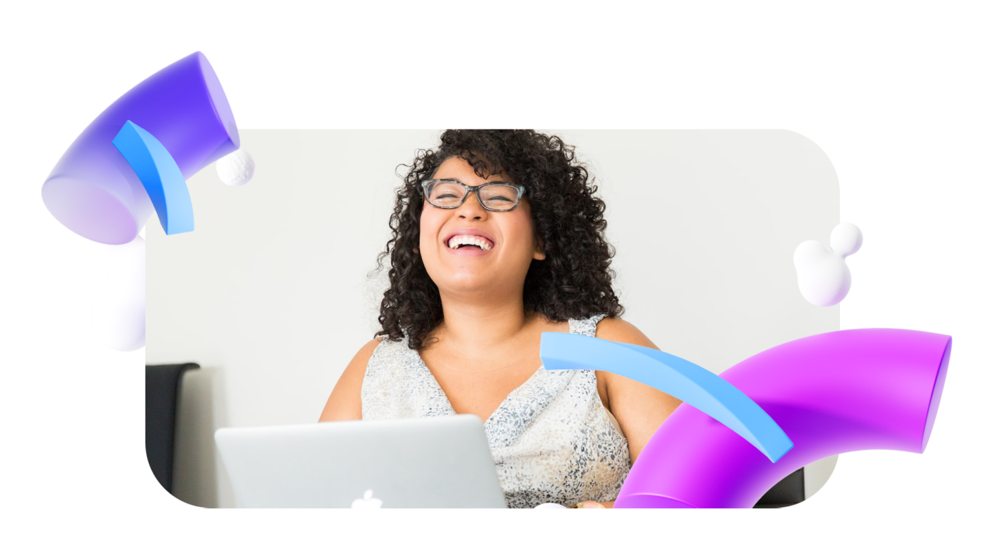 Woman laughing in front of laptop with floating Walr assets