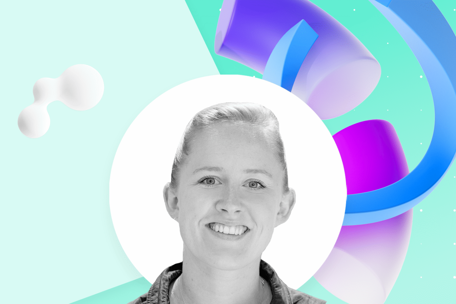 A photo of Marketing Director, Beth in Black and White on top of a Graphic Background