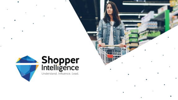 Shopper in a supermarket aisle pushing a trolley, next to the Shopper Intelligence logo.